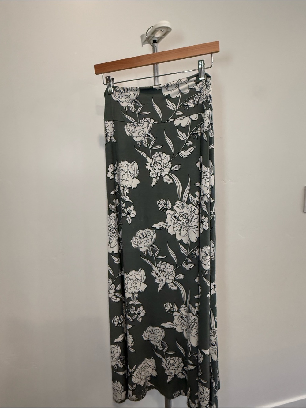 Floral Maxi Skirt in Dark Green and White